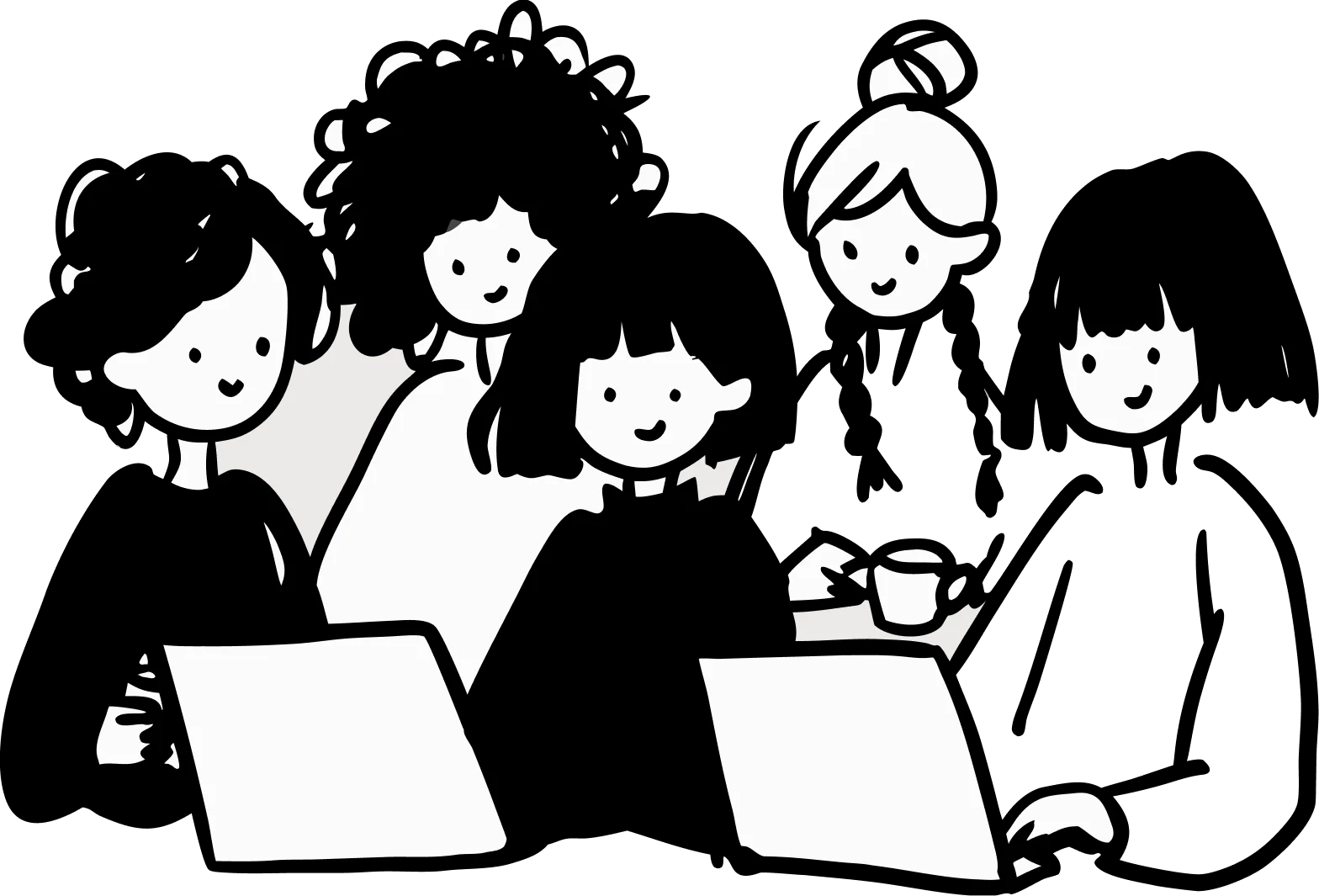 Illustration of a diverse group of women working together on laptops
